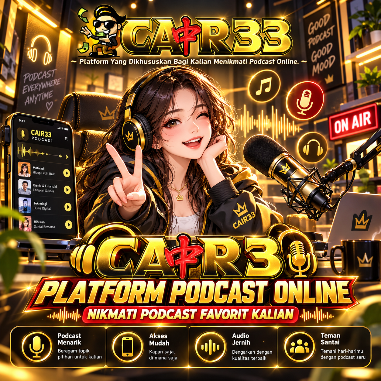 CAIR33 Platform Podcast Online dengan Mikrofon dan Studio Audio Modern