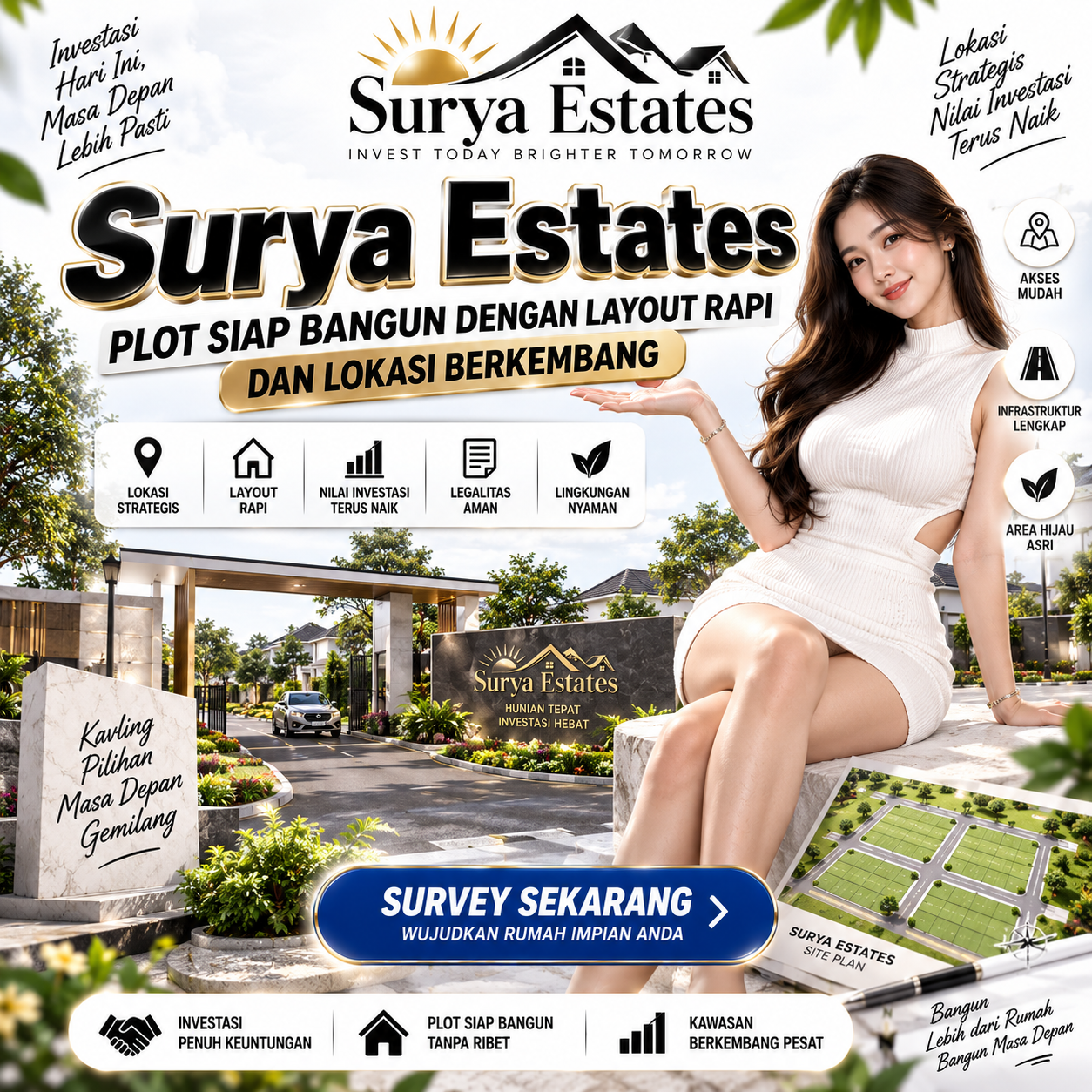 Ilustrasi plot siap bangun dan layout kawasan Surya Estates